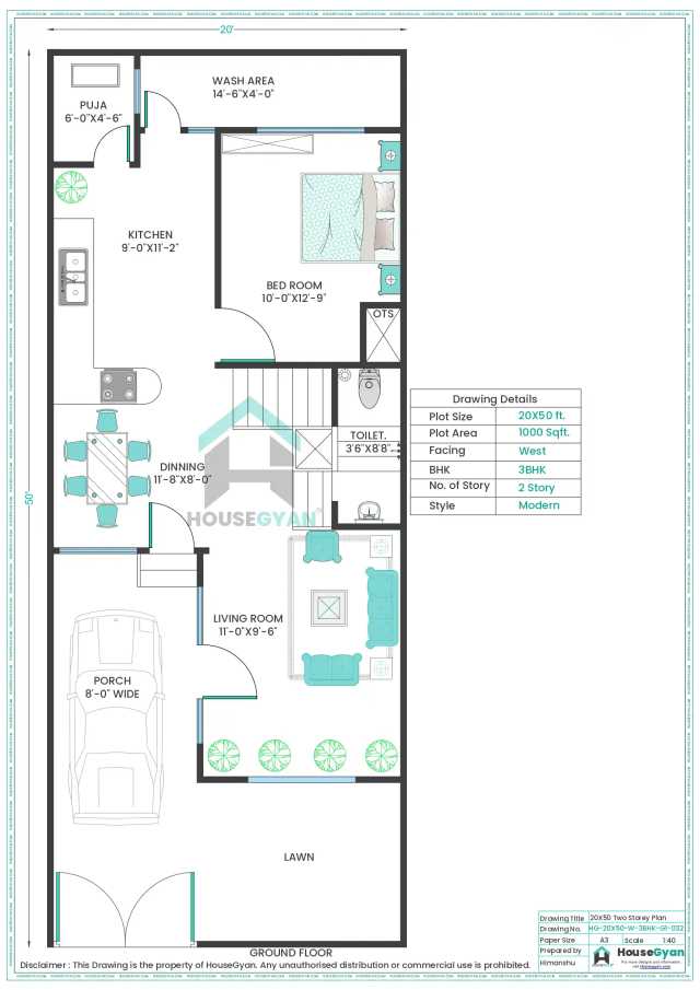 20X50 West Facing 3BHK First Floor House Plan | 1000 Sqft Plot Floor Plan 20X50 West Facing 3BHK First Floor House Plan