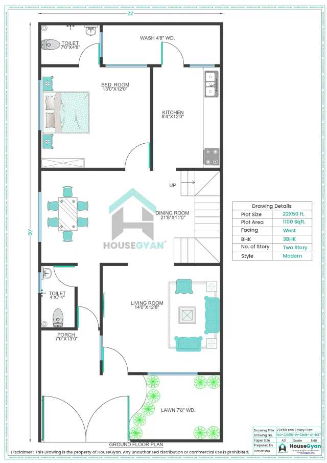 22X50 West Facing 3BHK First Floor House Plan | 1100 Sqft Plot Floor Plan 22X50 West Facing 3BHK First Floor House Plan