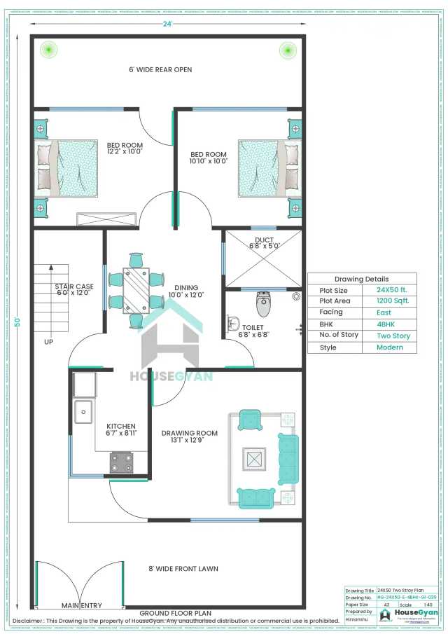 24X50 East Facing 4BHK First Floor House Plan | 1200 Sqft Plot Floor Plan 24X50 East Facing 4BHK First Floor House Plan