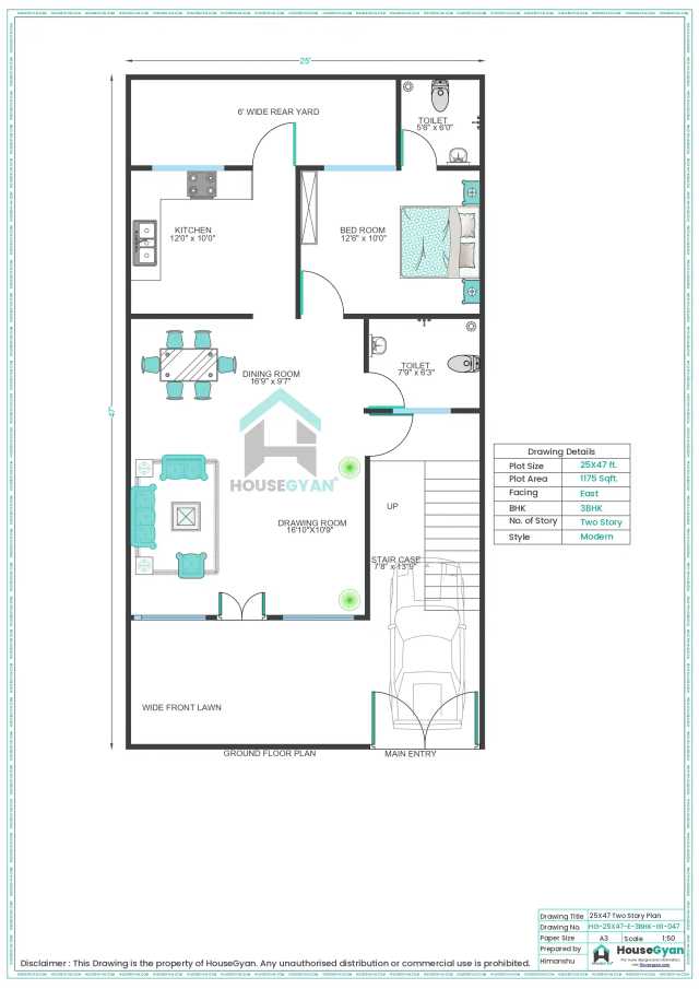 25X47 East Facing 3BHK First Floor House Plan | 1175 Sqft Plot Floor Plan 25X47 East Facing 3BHK First Floor House Plan