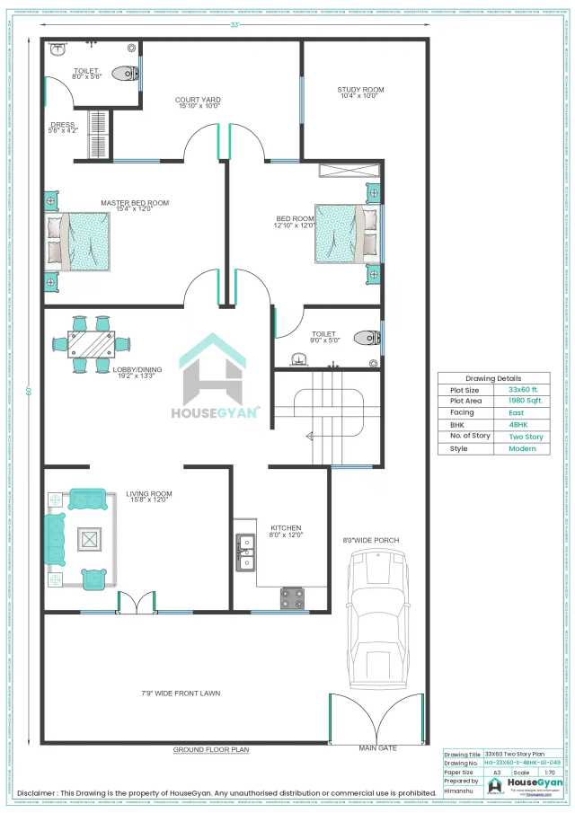 33X60 East Facing 4BHK First Floor House Plan | 1980 Sqft Plot Floor Plan 33X60 East Facing 4BHK First Floor House Plan