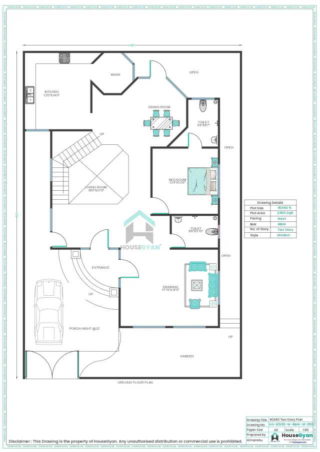 40X60 West Facing 4BHK First Floor House Plan | 2400 Sqft Plot Floor Plan 40X60 West Facing 4BHK First Floor House Plan