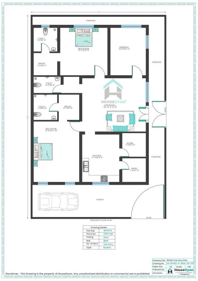 40X60 West Facing 2BHK Ground Floor House Plan | 2400 Sqft Plot Floor Plan 40X60 West Facing 2BHK Ground Floor House Plan