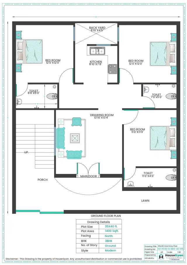 35X40 North Facing 3BHK Ground Floor House Plan | 1400 Sqft Plot Floor Plan 35X40 North Facing 3BHK Ground Floor House Plan