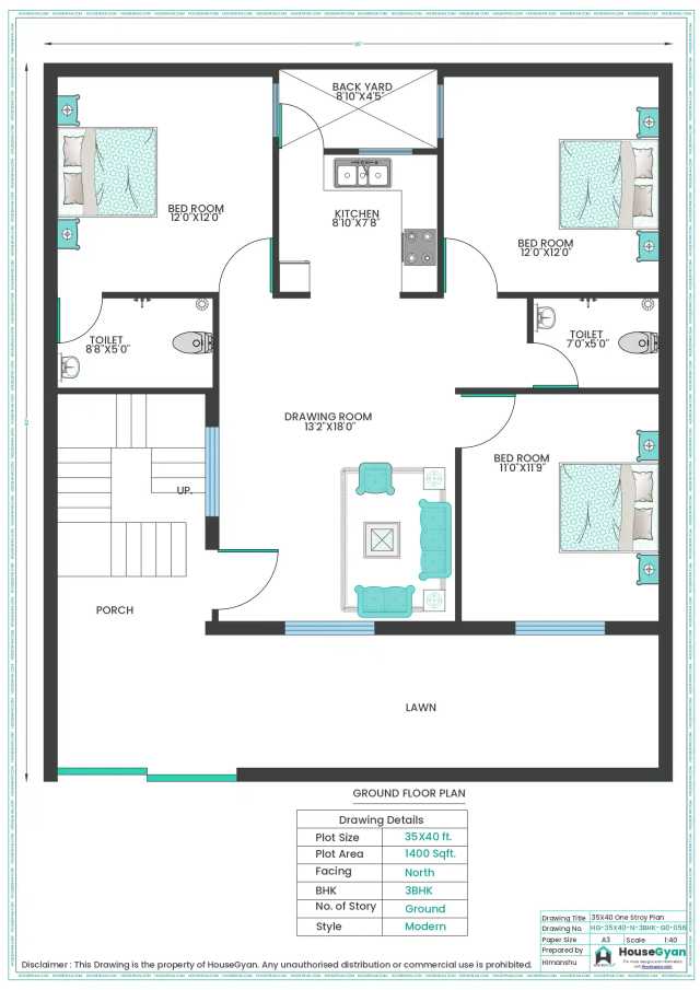 35X40 North Facing 3BHK Ground Floor House Plan | 1400 Sqft Plot Floor Plan 35X40 North Facing 3BHK Ground Floor House Plan