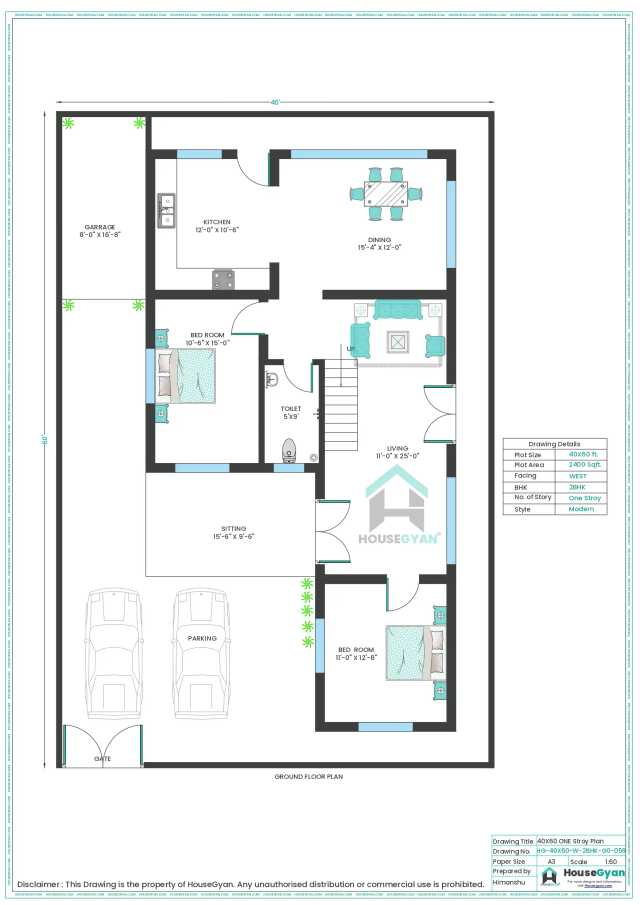 40X60 West Facing 2BHK Ground Floor House Plan | 2400 Sqft Plot Floor Plan 40X60 West Facing 2BHK Ground Floor House Plan