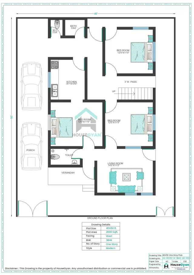 40X50 West Facing 3BHK Ground Floor House Plan | 2000 Sqft Plot Floor Plan 40X50 West Facing 3BHK Ground Floor House Plan