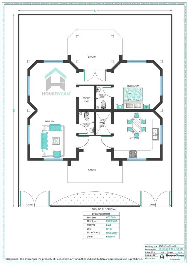 40X50 East Facing 1BHK Ground Floor House Plan | 2000 Sqft Plot Floor Plan 40X50 East Facing 1BHK Ground Floor House Plan