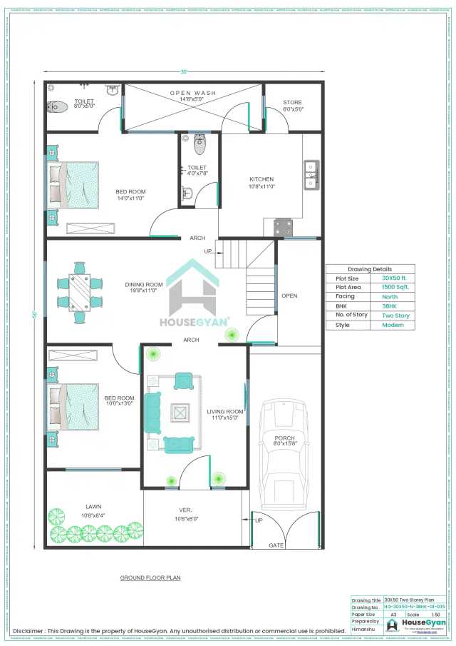 30X50 North Facing 3BHK First Floor House Plan | 1500 Sqft Plot Floor Plan 30X50 North Facing 3BHK First Floor House Plan