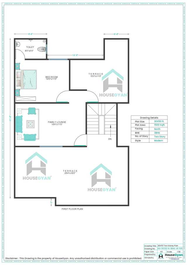 30X50 North Facing 3BHK First Floor House Plan | 1500 Sqft Plot Floor Plan 30X50 North Facing 3BHK First Floor House Plan | 1500 Sqft Plot Floor Plan