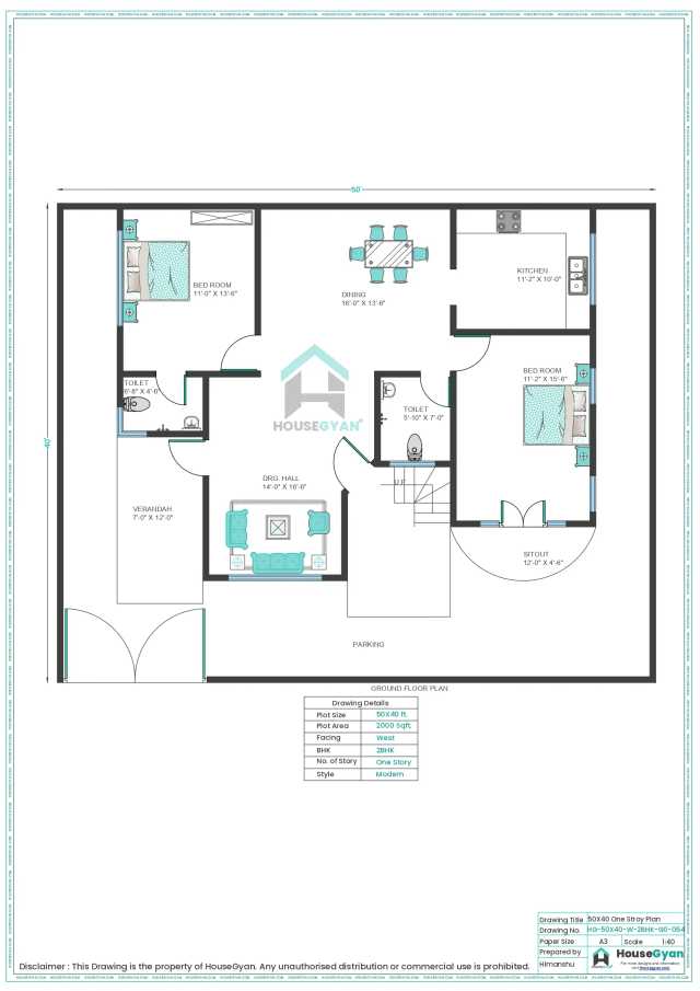 50X40 West Facing 2BHK Ground Floor House Plan | 2000 Sqft Plot Floor Plan 50X40 West Facing 2BHK Ground Floor House Plan