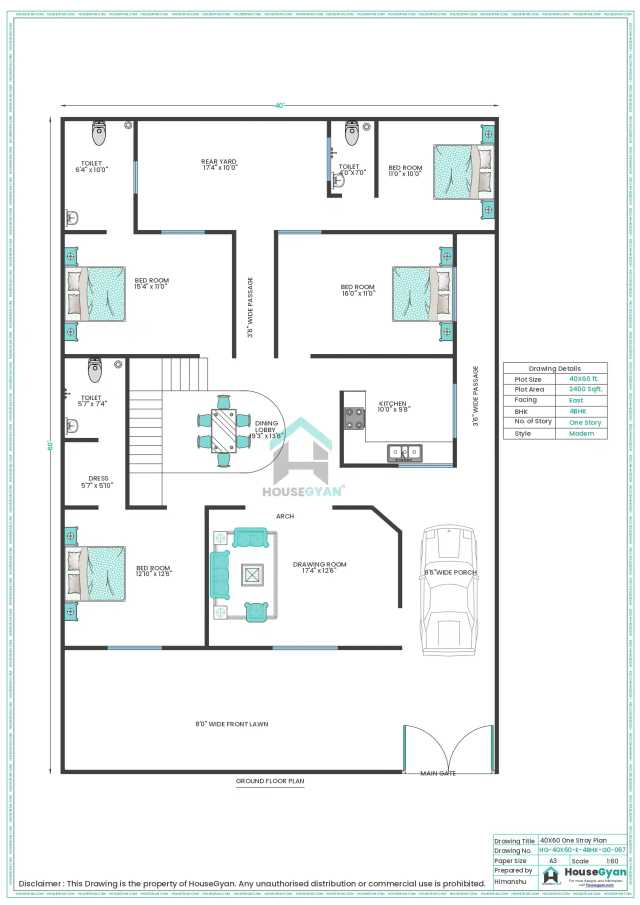 40X60 East Facing 4BHK Ground Floor House Plan | 2400 Sqft Plot Floor Plan 40X60 East Facing 4BHK Ground Floor House Plan