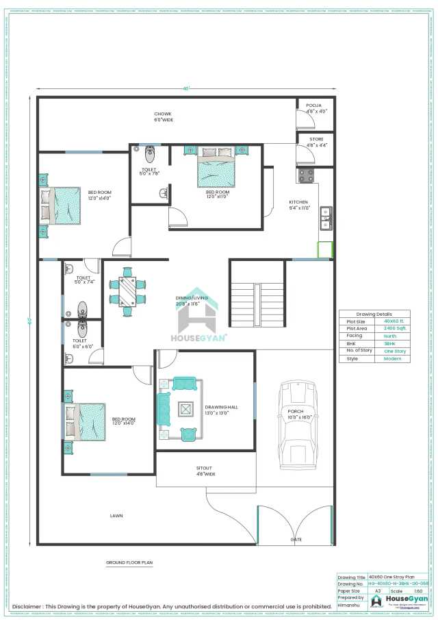 40X60 North Facing 3BHK Ground Floor House Plan | 2400 Sqft Plot Floor Plan 40X60 North Facing 3BHK Ground Floor House Plan