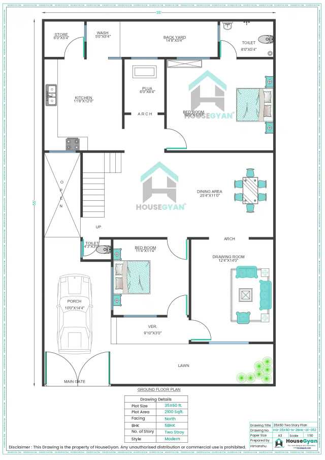 35X60 North Facing 5BHK First Floor House Plan | 2100 Sqft Plot Floor Plan 35X60 North Facing 5BHK First Floor House Plan