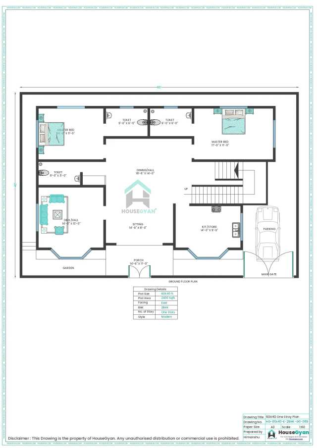 60X40 East Facing 2BHK Ground Floor House Plan | 2400 Sqft Plot Floor Plan 60X40 East Facing 2BHK Ground Floor House Plan