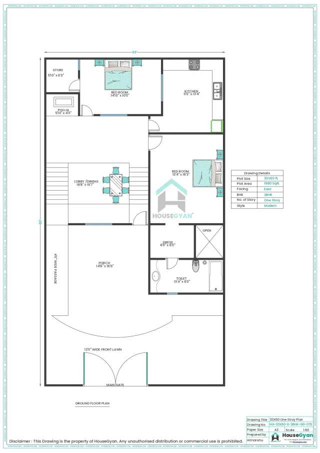 33X60 East Facing 2BHK Ground Floor House Plan | 1980 Sqft Plot Floor Plan 33X60 East Facing 2BHK Ground Floor House Plan | 1980 Sqft Plot Floor Plan