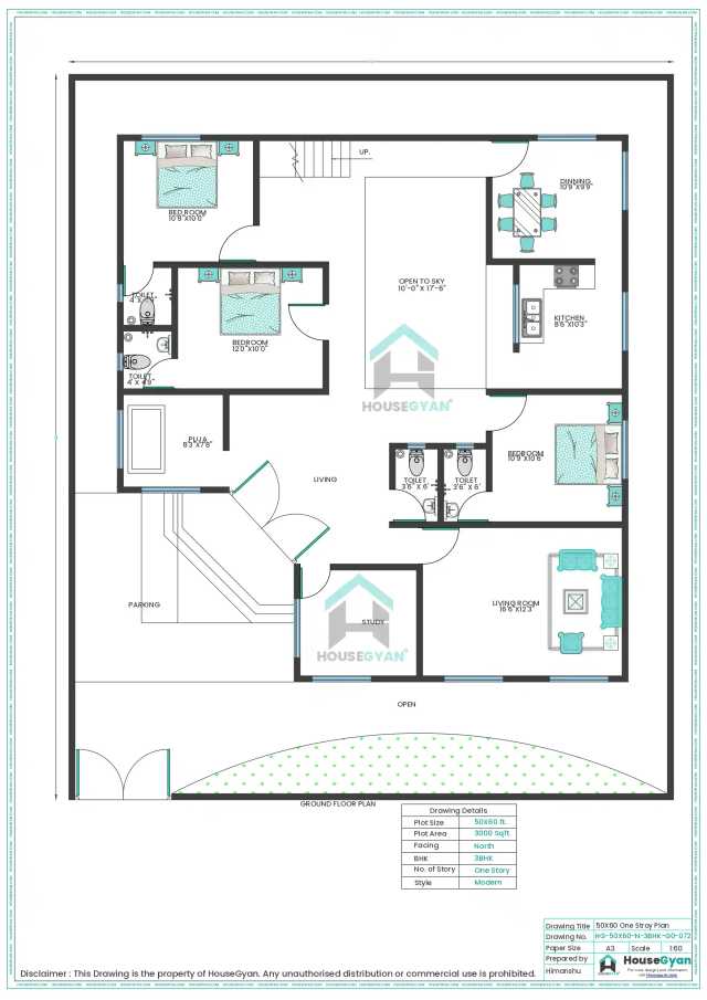 50X60 North Facing 3BHK Ground Floor House Plan | 3000 Sqft Plot Floor Plan 50X60 North Facing 3BHK Ground Floor House Plan