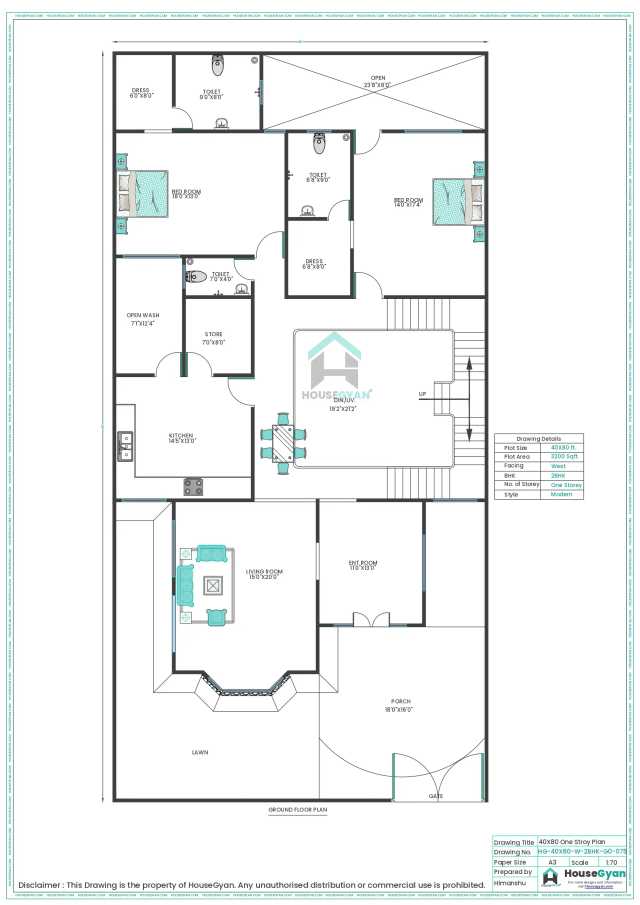 40X80 West Facing 2BHK Ground Floor House Plan | 3200 Sqft Plot Floor Plan 40X80 West Facing 2BHK Ground Floor House Plan