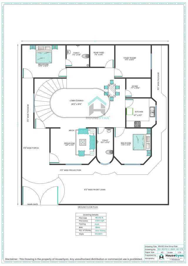 46X50 East Facing 2BHK Ground Floor House Plan | 2300 Sqft Plot Floor Plan 46X50 East Facing 2BHK Ground Floor House Plan