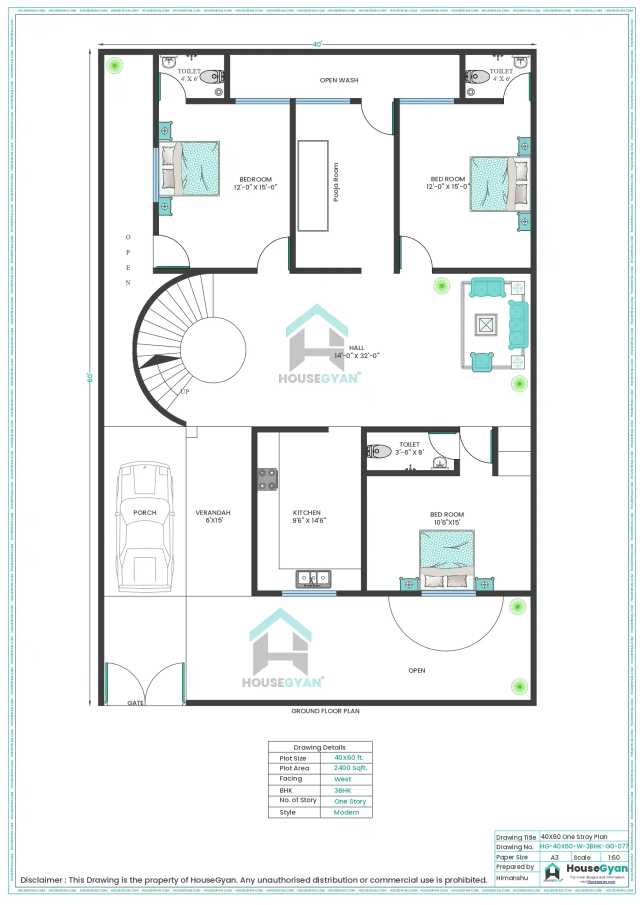 40X60 West Facing 3BHK Ground Floor House Plan | 2400 Sqft Plot Floor Plan 40X60 West Facing 3BHK Ground Floor House Plan