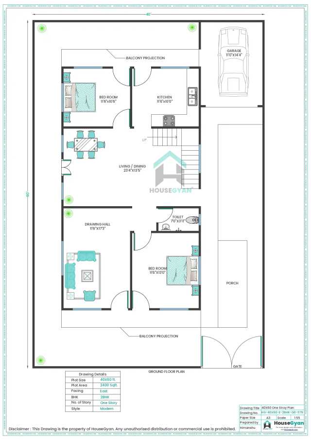 40X60 East Facing 2BHK Ground Floor House Plan | 2400 Sqft Plot Floor Plan 40X60 East Facing 2BHK Ground Floor House Plan