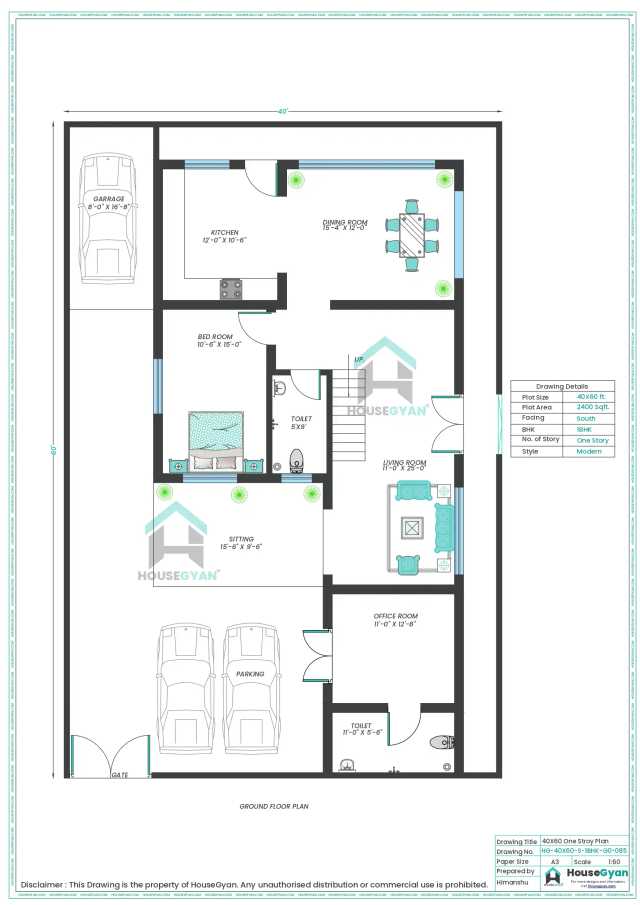 40X60 South Facing 1BHK Ground Floor House Plan | 2400 Sqft Plot Floor Plan 40X60 South Facing 1BHK Ground Floor House Plan