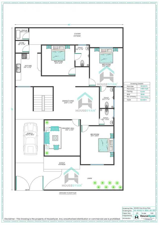 40X60 North Facing 3BHK Ground Floor House Plan | 2400 Sqft Plot Floor Plan 40X60 North Facing 3BHK Ground Floor House Plan