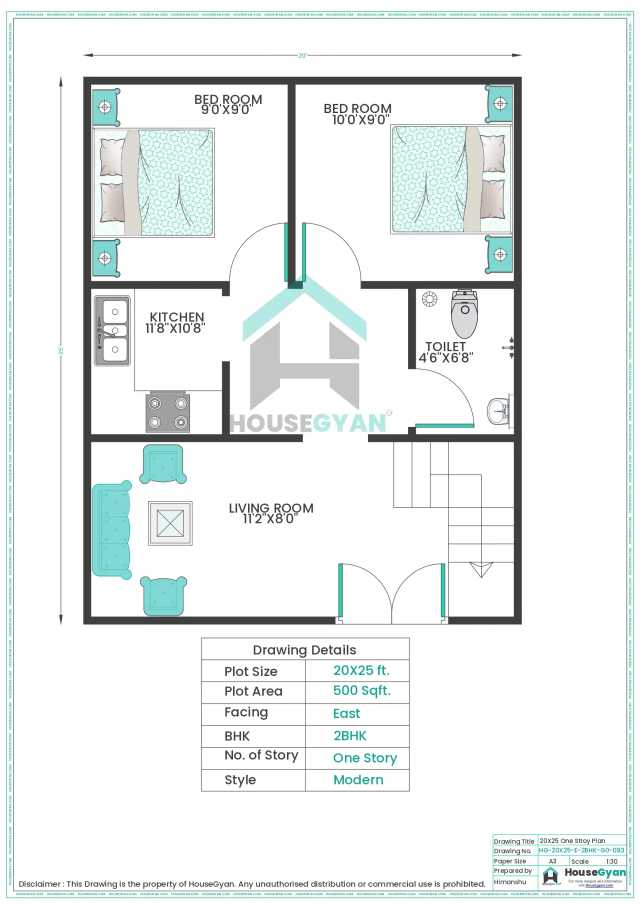20X25 East Facing 2BHK Ground Floor House Plan | 500 Sqft Plot Floor Plan 20X25 East Facing 2BHK Ground Floor House Plan
