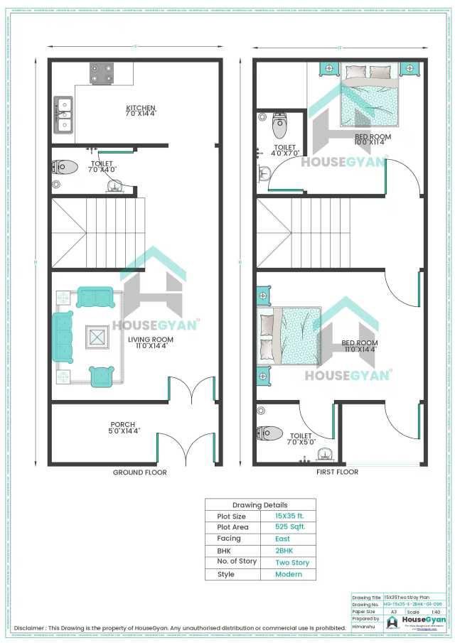 15x35 East Facing 2BHK G+1 House Plan