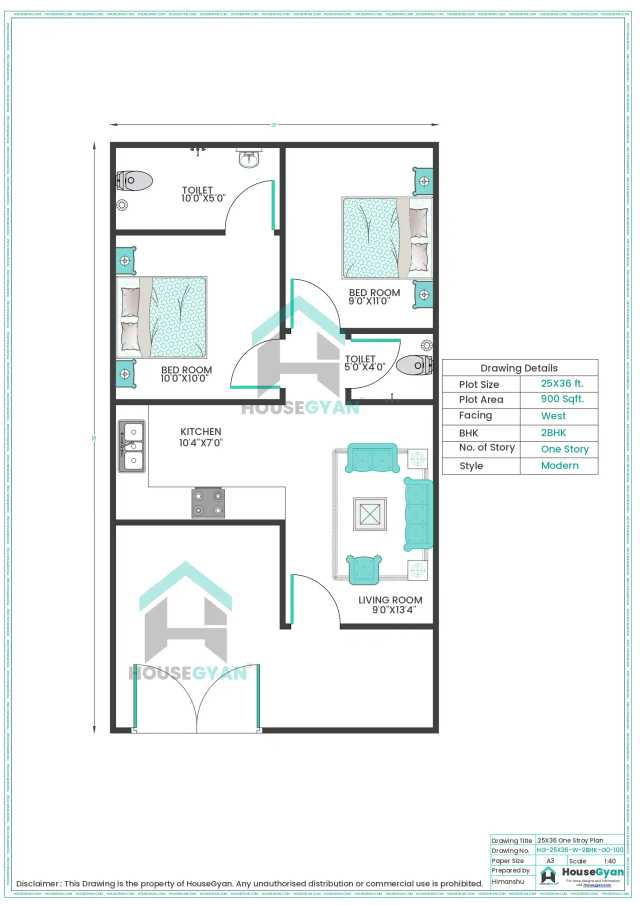 25X36 West Facing 2BHK Ground Floor House Plan | 900 Sqft Plot Floor Plan 25X36 West Facing 2BHK Ground Floor House Plan
