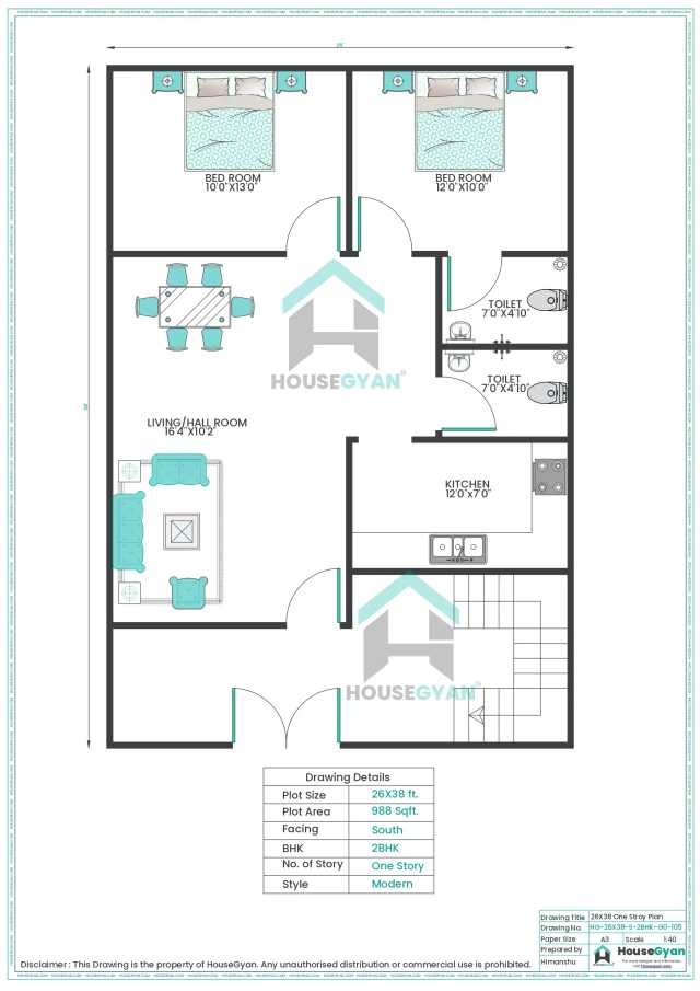 26X38 South Facing 2BHK Ground Floor House Plan | 988 Sqft Plot Floor Plan 26X38 South Facing 2BHK Ground Floor House Plan