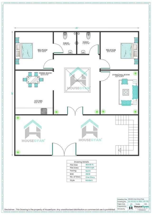 40X40 North Facing 2BHK Ground Floor House Plan | 1600 Sqft Plot Floor Plan 40X40 North Facing 2BHK Ground Floor House Plan