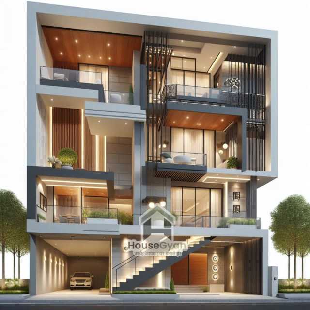 40x40 1600sqft Four Storey 3D Front House Elevation Design 40x40 1600sqft Four Storey 3D Front House Elevation Design