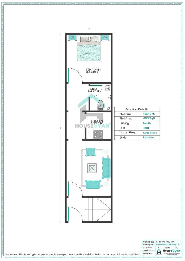 10X40 North Facing 1BHK Ground Floor House Plan | 400 Sqft Plot Floor Plan 10X40 North Facing 1BHK Ground Floor House Plan