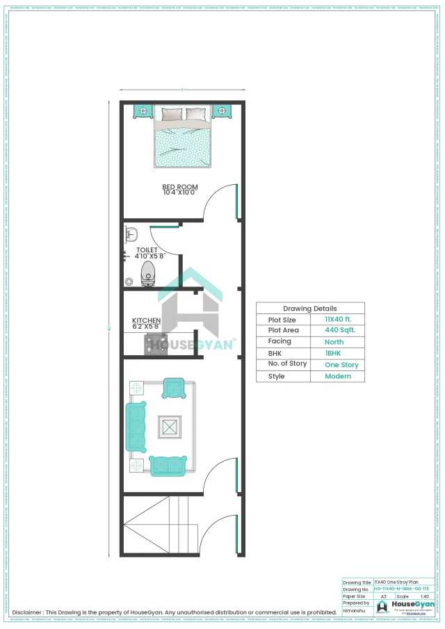 11X40 North Facing 1BHK Ground Floor House Plan | 440 Sqft Plot Floor Plan 11X40 North Facing 1BHK Ground Floor House Plan