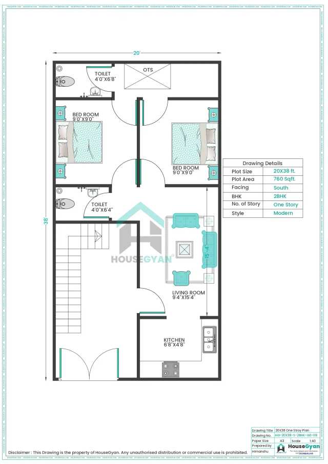 20X38 South Facing 2BHK Ground Floor House Plan | 760 Sqft Plot Floor Plan 20X38 South Facing 2BHK Ground Floor House Plan
