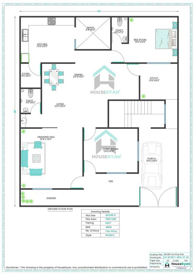 40X48 East Facing 4BHK First Floor House Plan | 1920 Sqft Plot Floor Plan 40X48 East Facing 4BHK First Floor House Plan