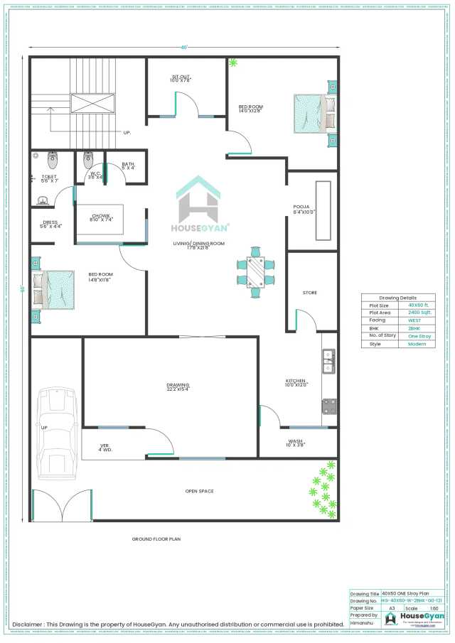 40X60 West Facing 2BHK Ground Floor House Plan | 2400 Sqft Plot Floor Plan 40X60 West Facing 2BHK Ground Floor House Plan