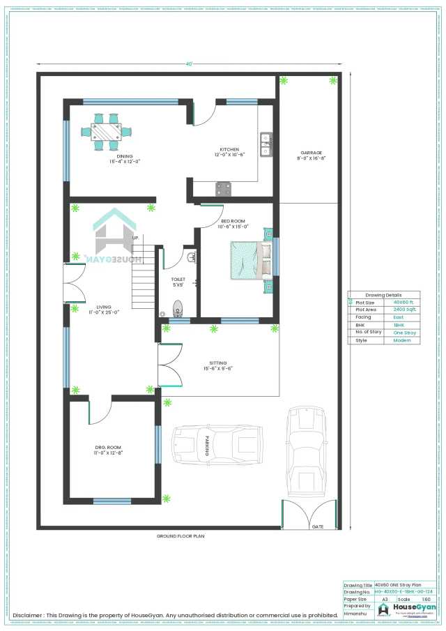 40X60 East Facing 1BHK Ground Floor House Plan | 2400 Sqft Plot Floor Plan 40X60 East Facing 1BHK Ground Floor House Plan