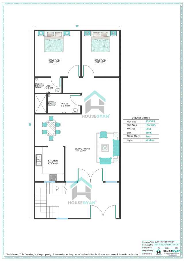 23X50 East Facing 5BHK First Floor House Plan | 1150 Sqft Plot Floor Plan 23X50 East Facing 5BHK First Floor House Plan