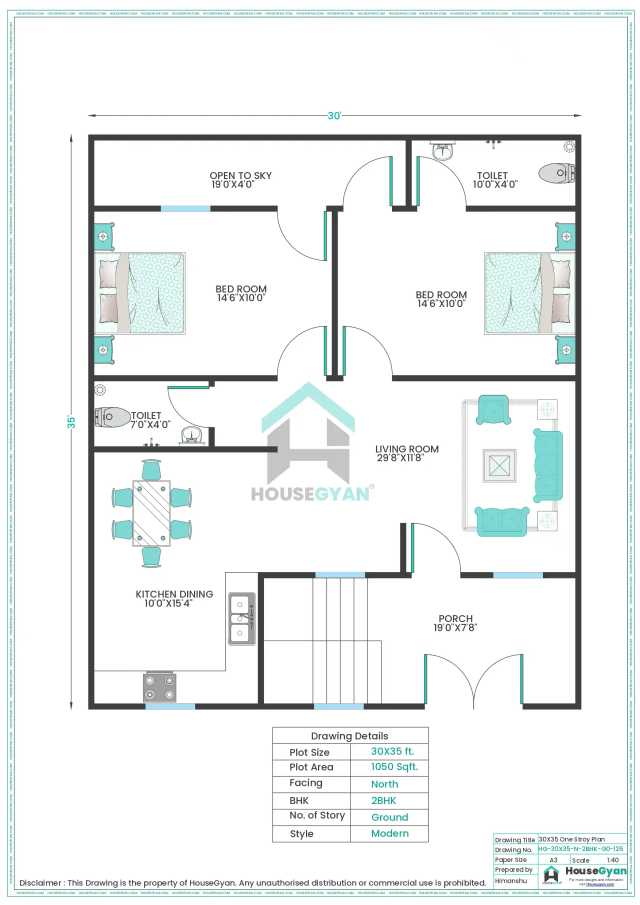 30X35 North Facing 2BHK Ground Floor House Plan | 1050 Sqft Plot Floor Plan 30X35 North Facing 2BHK Ground Floor House Plan