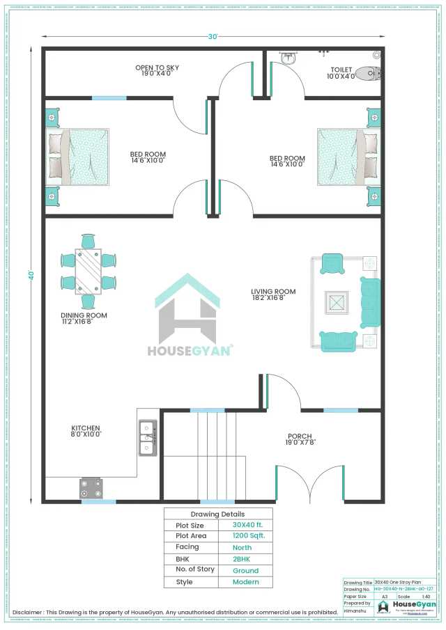 30X40 North Facing 2BHK Ground Floor House Plan | 1200 Sqft Plot Floor Plan 30X40 North Facing 2BHK Ground Floor House Plan