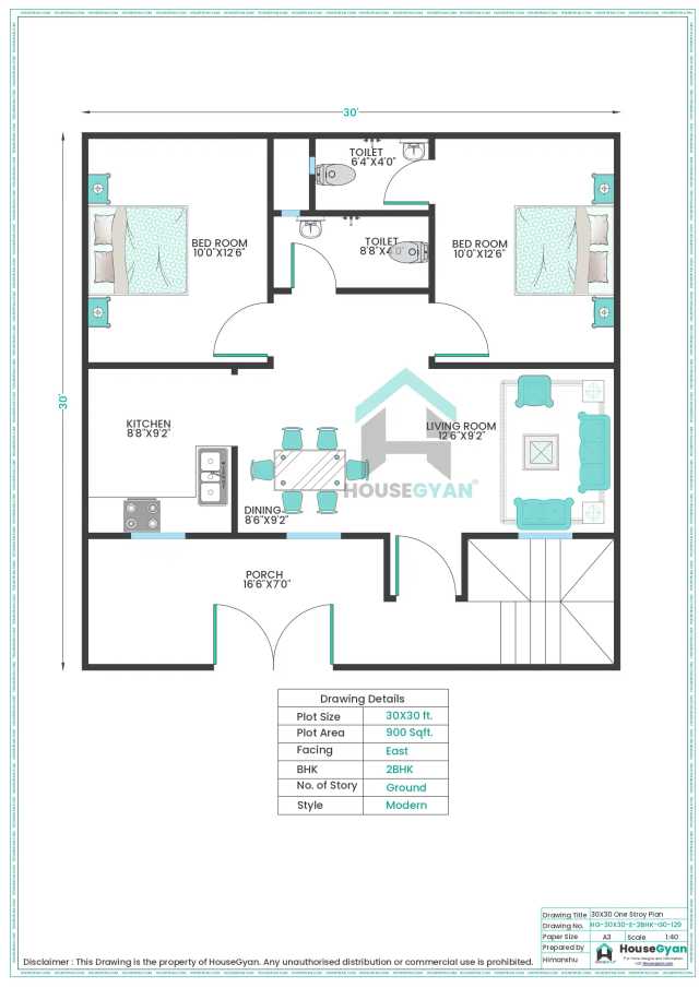 30X30 East Facing 2BHK Ground Floor House Plan | 900 Sqft Plot Floor Plan 30X30 East Facing 2BHK Ground Floor House Plan