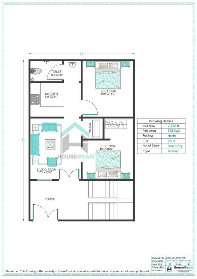 21X32 North Facing 2BHK Ground Floor House Plan | 672 Sqft Plot Floor Plan 21X32 North Facing 2BHK Ground Floor House Plan