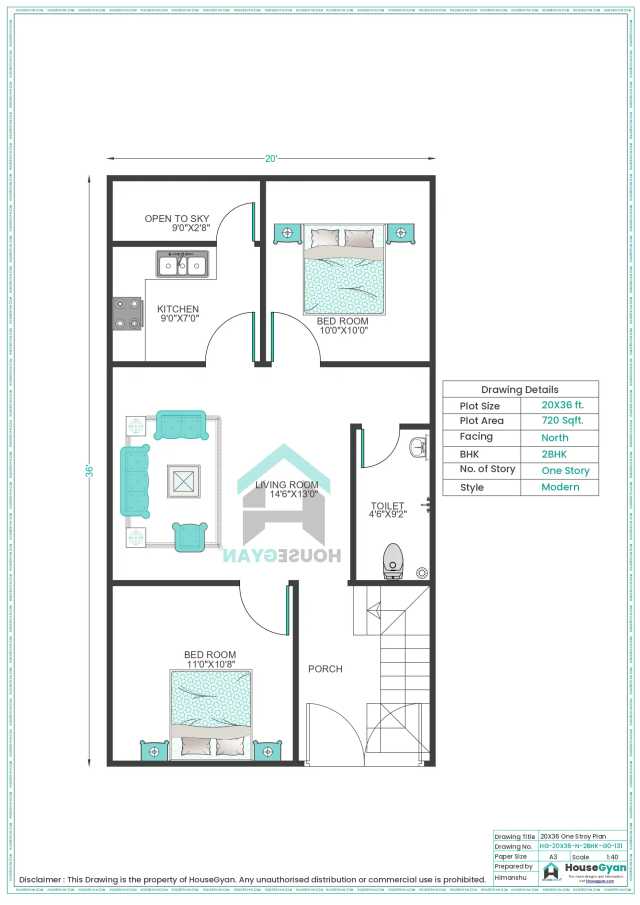 20X36 North Facing 2BHK Ground Floor House Plan | 720 Sqft Plot Floor Plan 20X36 North Facing 2BHK Ground Floor House Plan