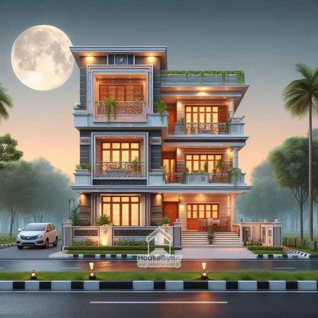43x40 Triple Storey 3D Front House Elevation Design 43x40 Triple Storey 3D Front House Elevation Design