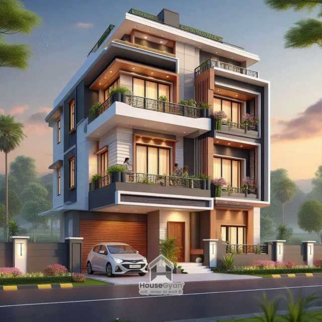 55X70 Triple Storey 3D Front House Elevation Design 55X70 Triple Storey 3D Front House Elevation Design
