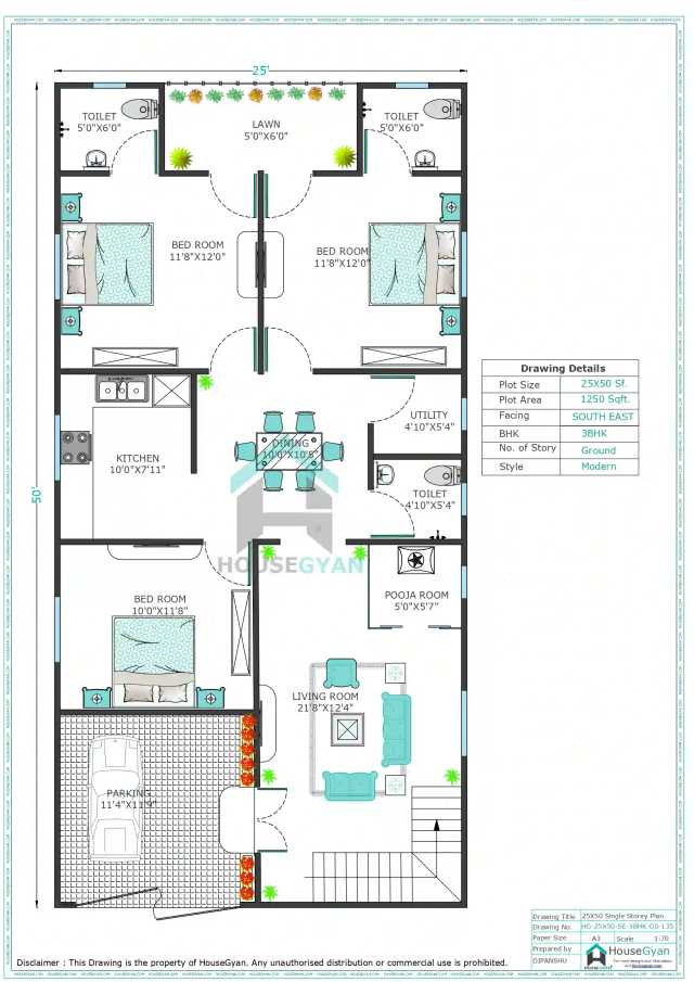 25X50 South East Facing 3BHK Ground Floor House Plan | 1250 Sqft Plot Floor Plan 25X50 South East Facing 3BHK Ground Floor House Pla