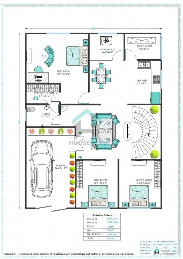 35X45 West Facing 3BHK Ground Floor House Plan | 1575 Sqft Plot Floor Plan 35X45 West Facing 3BHK Ground Floor House Plan