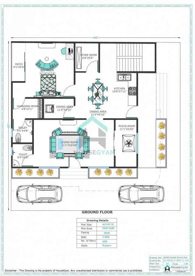 40X40 West Facing 3BHK First Floor House Plan | 1600 Sqft Plot Floor Plan 40X40 West Facing 3BHK First Floor House Plan